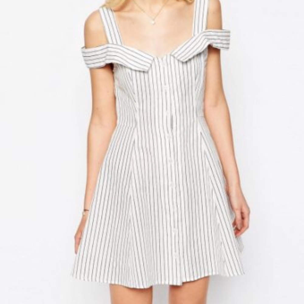 ASOS PETITE Stripe Off Shoulder Button Dress
